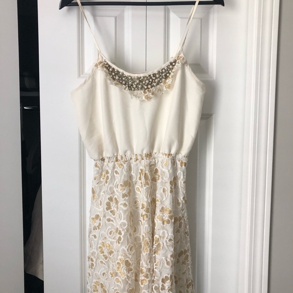 Angie Dresses & Skirts - Angie White Dress with Gold Lace and Pearl Details